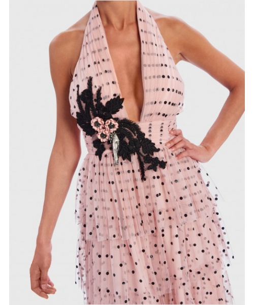 LadyInBoutique Forever Unique Pink and Black Polka Dot Embroidered Ruffle Maxi Dress